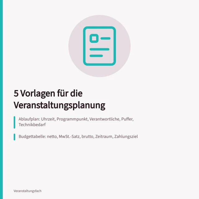 Karte mit fünf Vorlagen für Ablauf, Budget, Raum, Teilnehmer und Nachbereitung. 5 Vorlagen für die Veranstaltungsplanung im Mittelstand